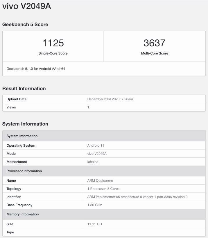 iQOO 7 (V2049A) Geekbench