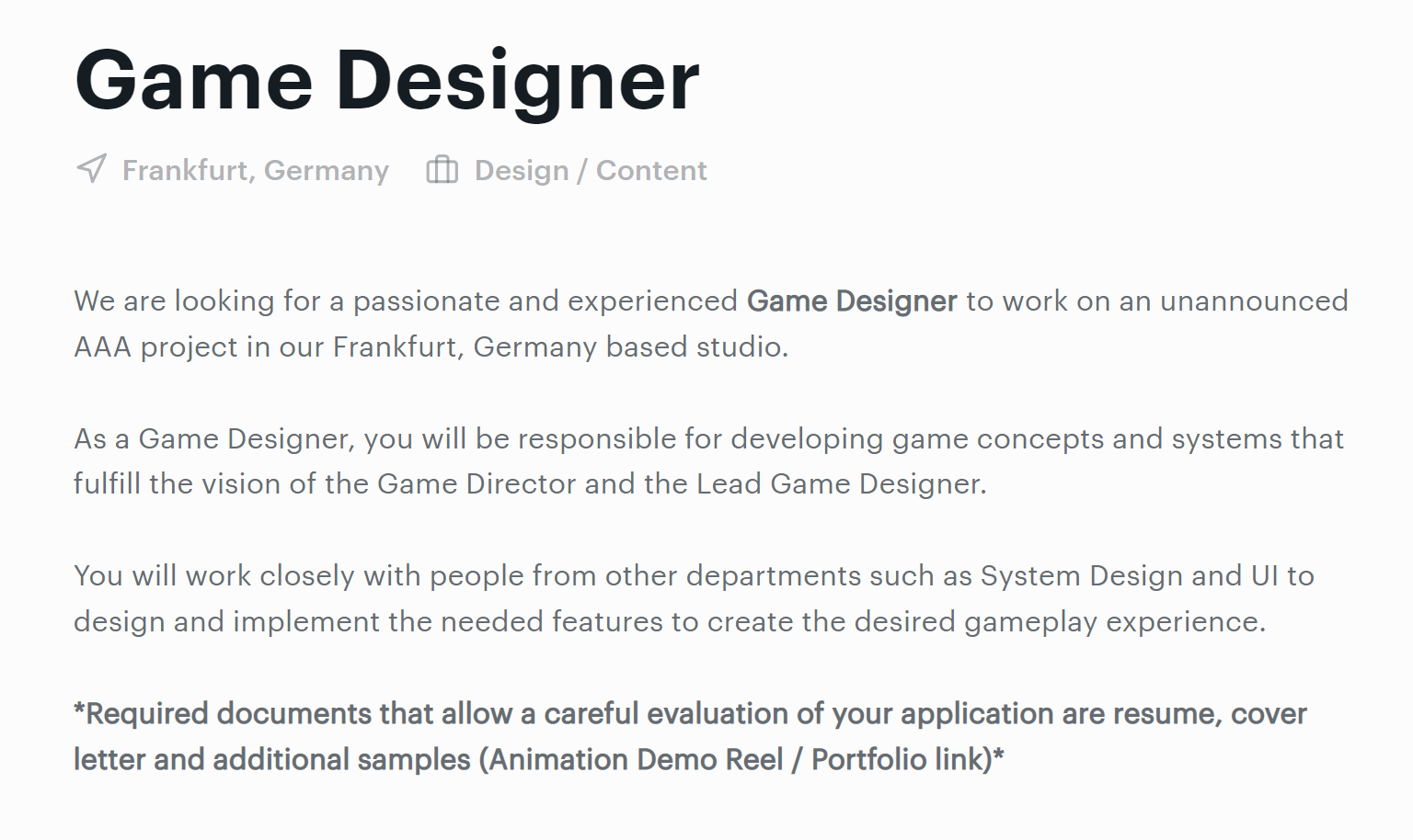 Crytek Crysis Game Designer job posting