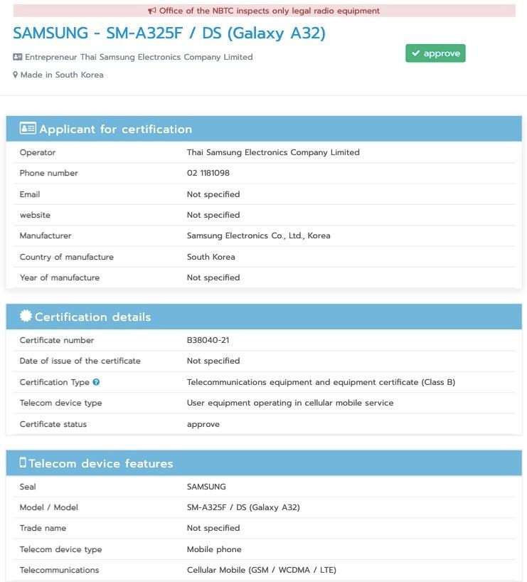 SAMSUNG Galaxy A32 4G Specification 