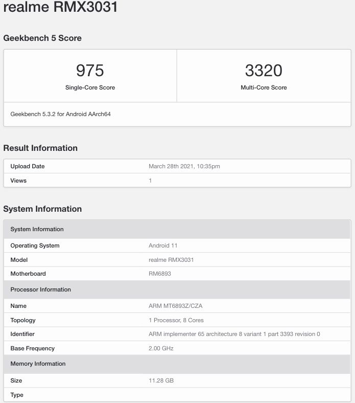 Realme RMX3031 Geekbench