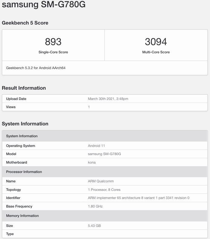 S20 FE 4G GeekBench