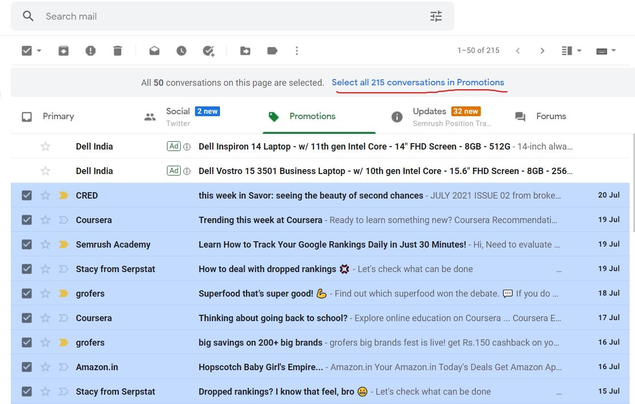 gmail delete social promotional mails