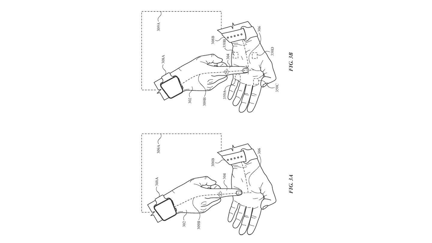 The index finger of the hand with Apple Watch making skin contact with the other hand to simulate a gesture