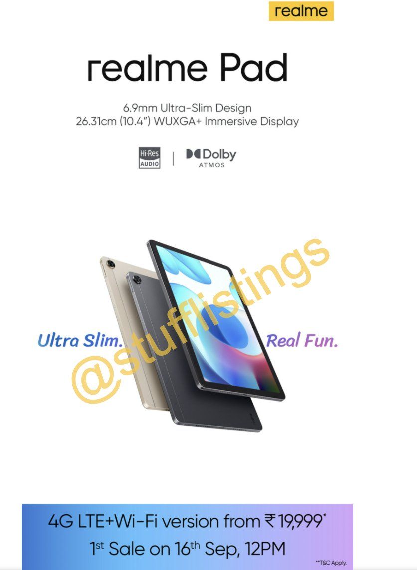 Realme Pad Price Leaked Ahead of Launch, to Come in LTE and WiFi