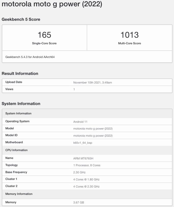 Motorola Moto G Power (2022) With Android 11, 4GB RAM Spotted on