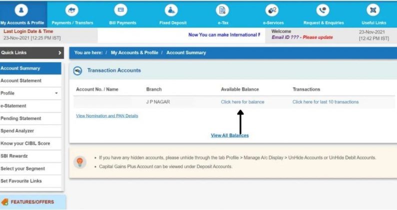 sbi bank balance check history