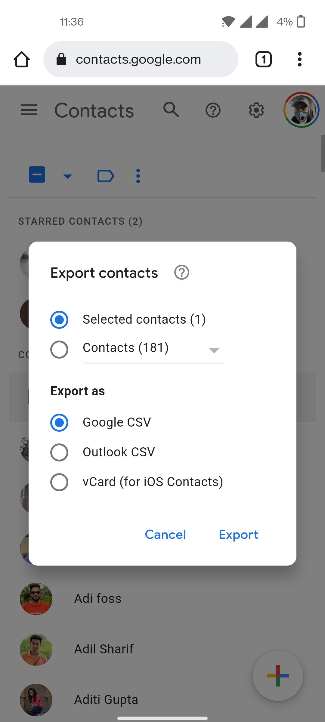 Eksportinnstillinger for Google-kontakter
