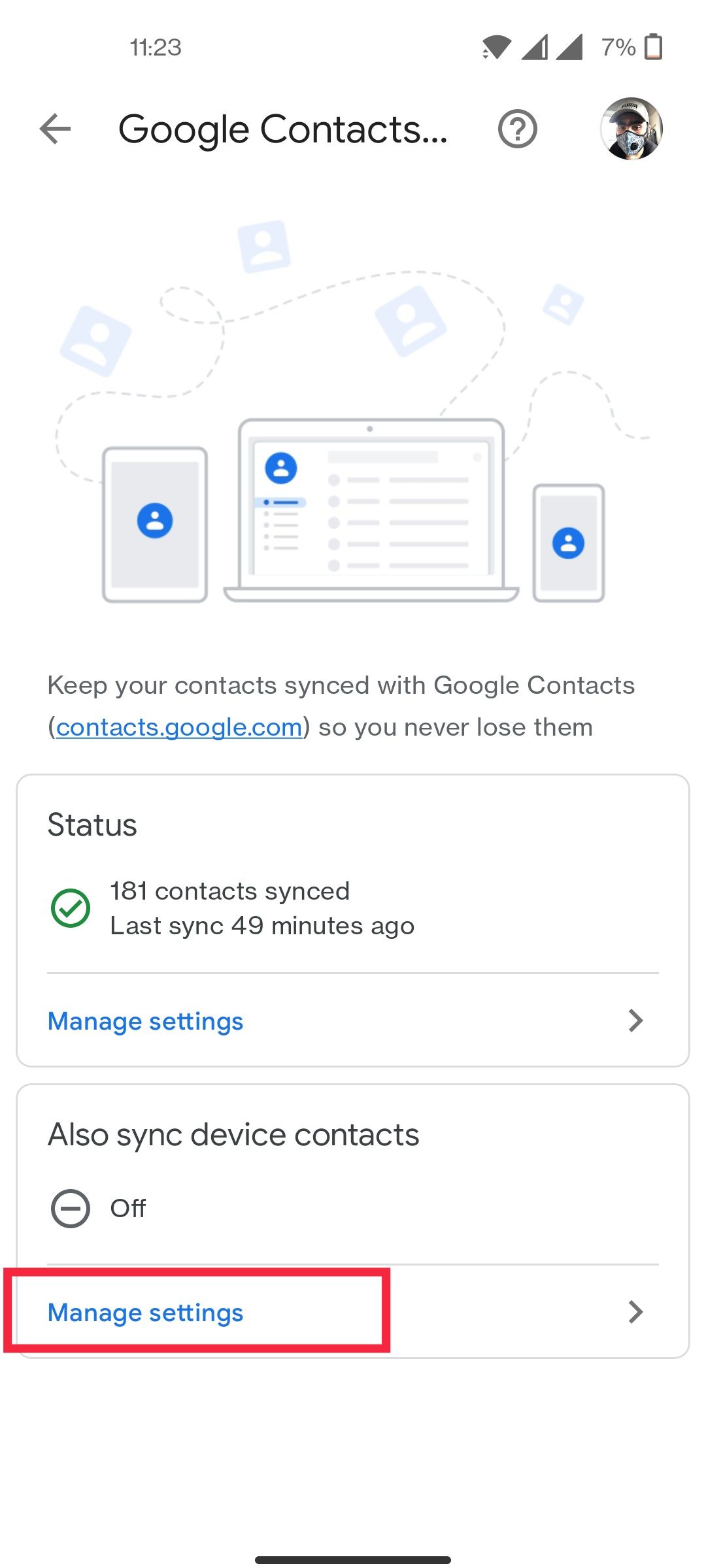 Administrer innstillinger Kontakter Enhetslagring Android