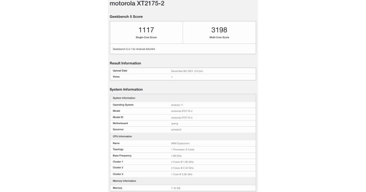 Motorola Edge S30 Geekbench