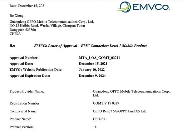 OPPO Reno7 5G Global Find X5 Lite EMVCo