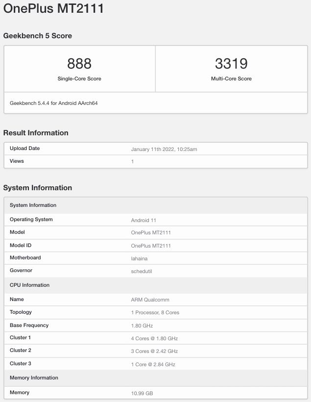 OnePlus 9RT MT2111 India Geekbench