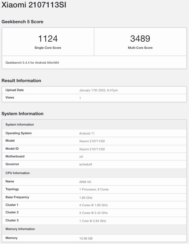 xiaomi 11t geekbench