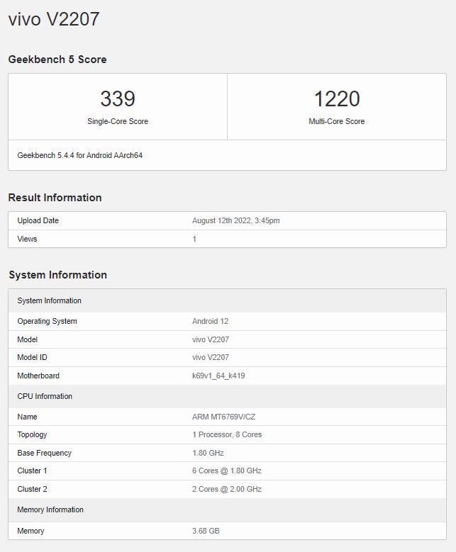 vivo y22 processor name