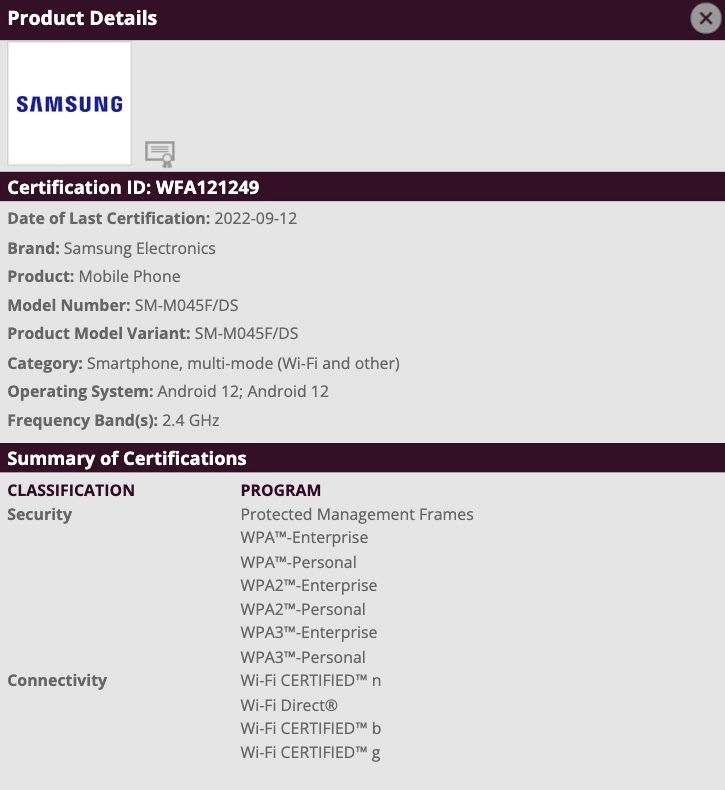 Samsung Galaxy M04 SM M045F DS Wi Fi Alliance