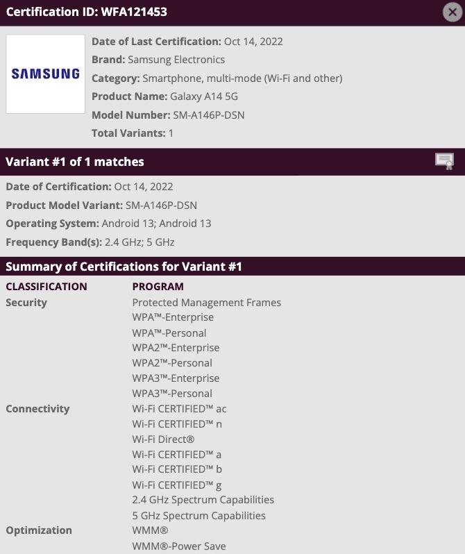 Samsung Galaxy A14 5G SM A146P DSN Wi Fi Alliance