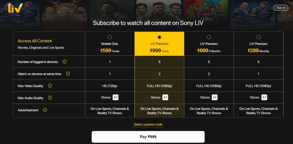 Quel est le prix de l'abonnement Sony Liv?