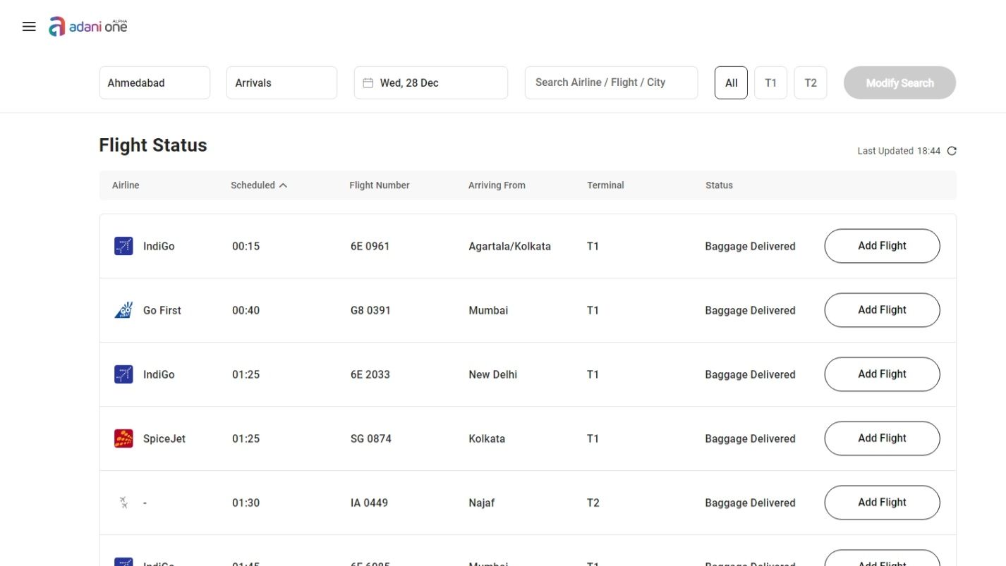 Adani One Flight Status