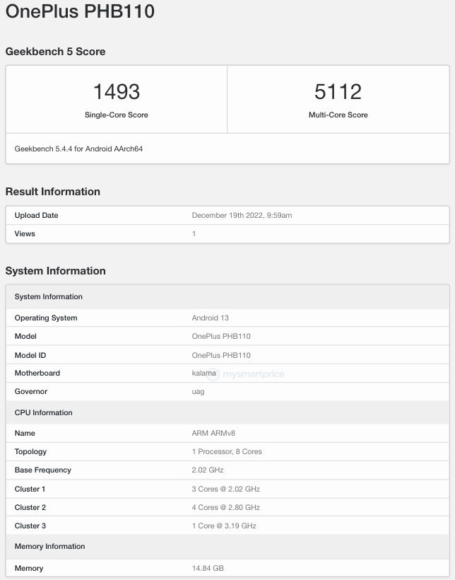 OnePlus 11 (PHB110) Geekbench